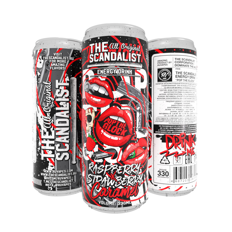 Фото и внешний вид — The Scandalist Energy Drink 330ml - Pop The Glock (Малина, Клубника и Карамель)